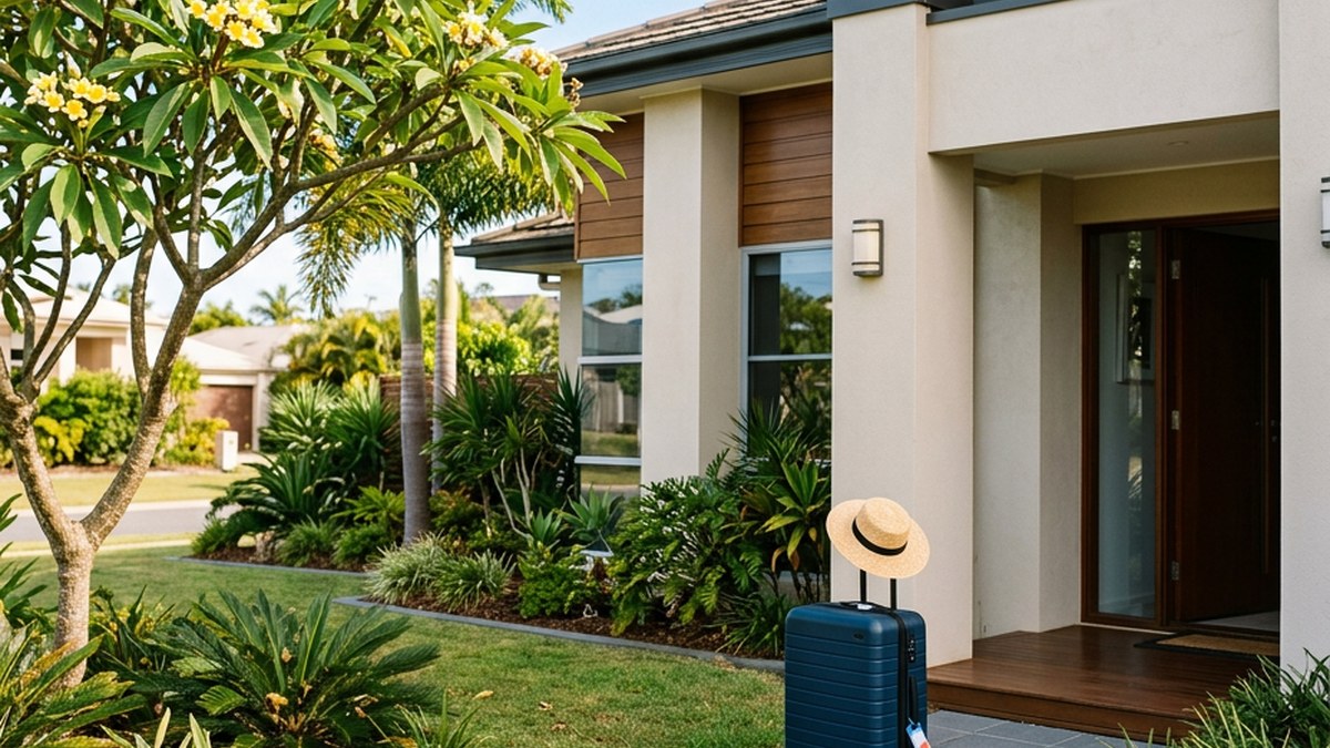 A modern Gold Coast home with a suitcase and sun hat on the front path