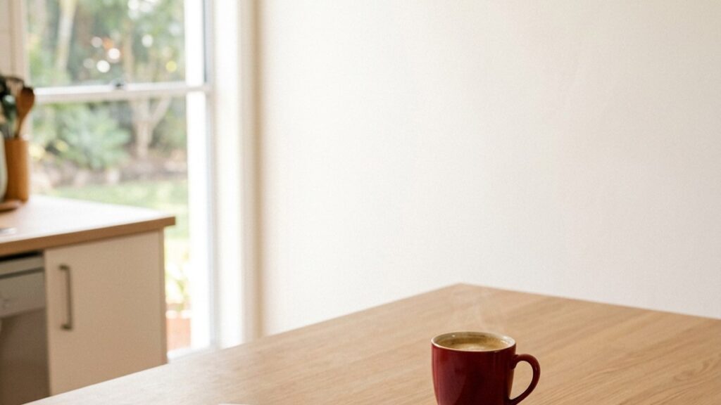 A kitchen bench with a property management agreement, a calculator and a red coffee mug