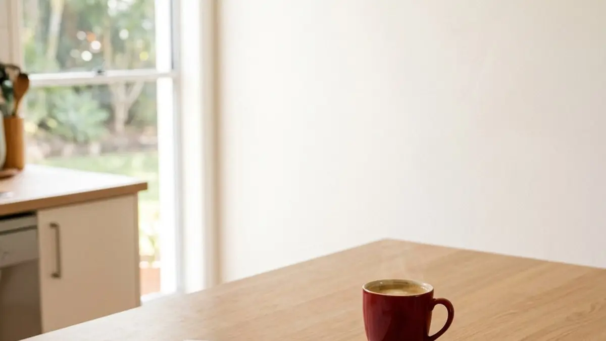 A kitchen bench with a property management agreement, a calculator and a red coffee mug